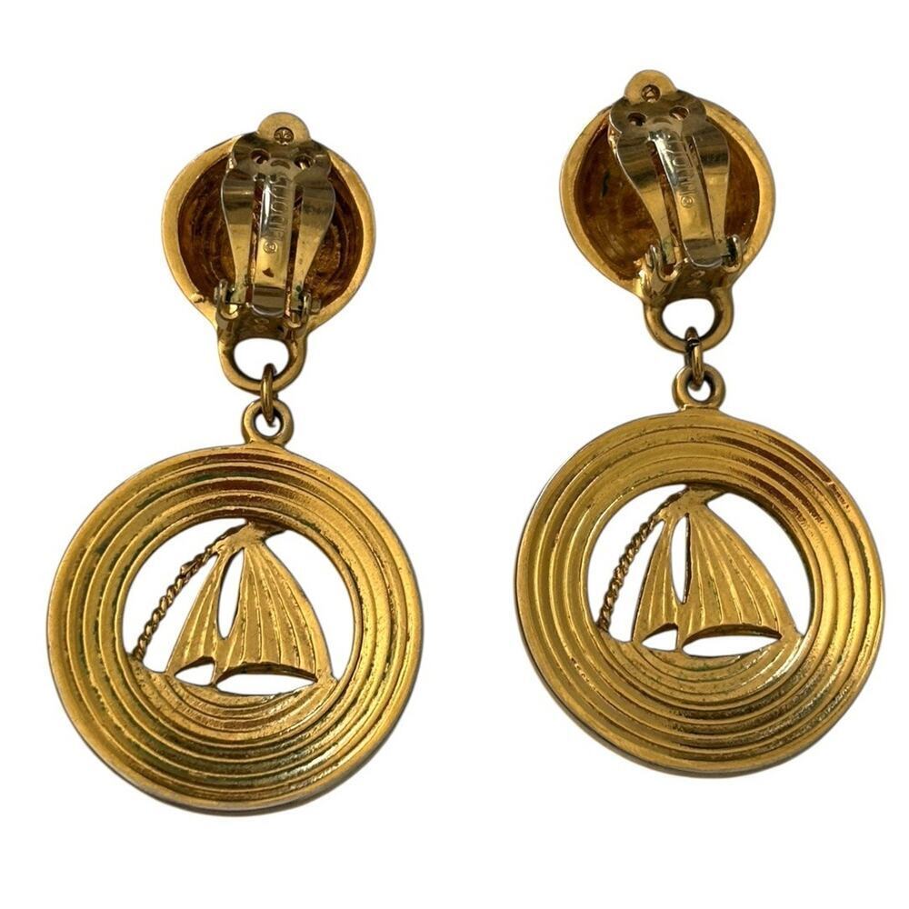 St John Earrings Cruise Nautical Spell Out Clip On Black Enamel Gold Vintage - Picture 2 of 7